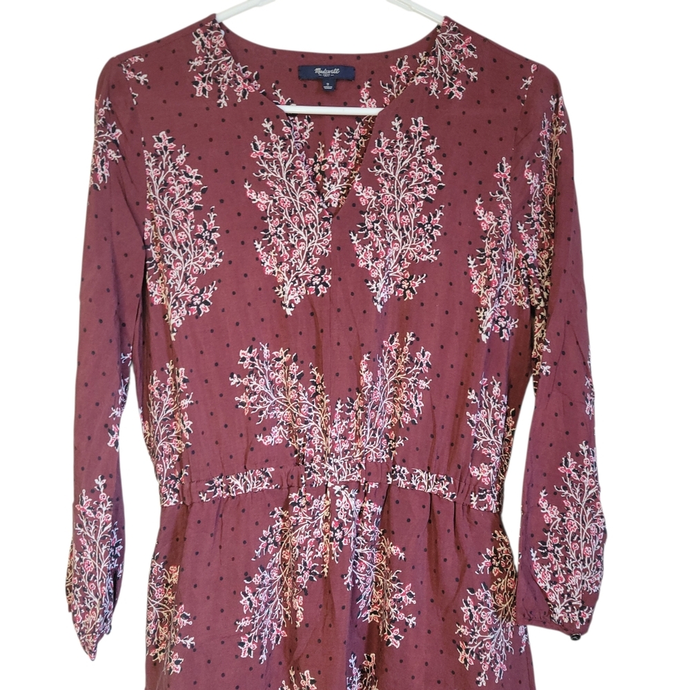 Madewell Silk Lassi Flower Popover Mini Dress Burgundy Boho Floral Size 2 - Picture 7 of 11